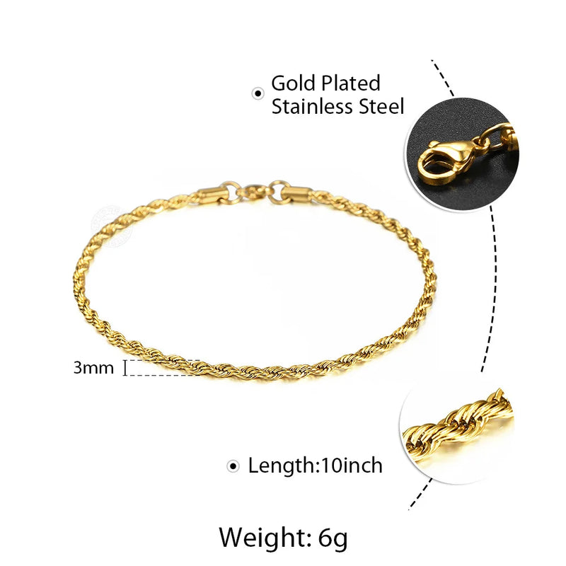 3MM Gold Plated Stainless Steel Rope Figaro Curb Link Chain Anklet-Anklets-Arimonz-Arimonz