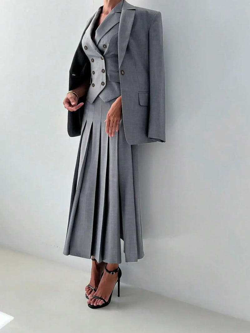 3pcs Fitted Vest Pleated Midi Skirt Elegant Work Business Suit Set-Wear To Work Sets-Arimonz-Arimonz