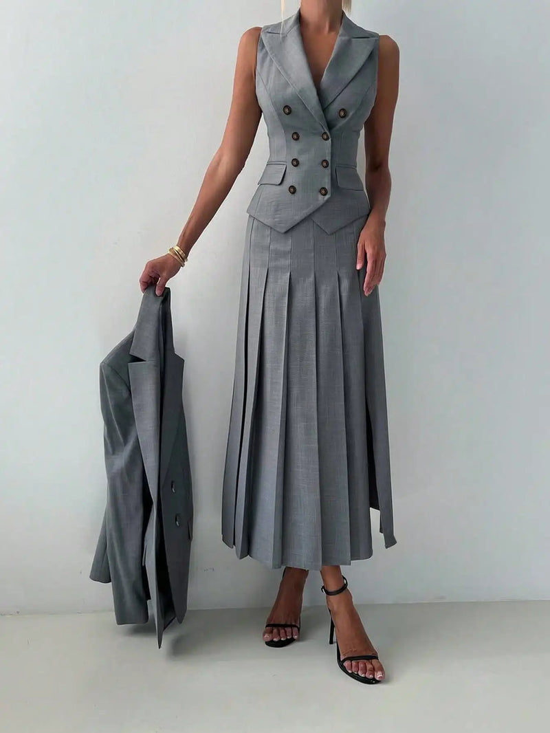 3pcs Fitted Vest Pleated Midi Skirt Elegant Work Business Suit Set-Wear To Work Sets-Arimonz-Arimonz