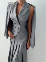 3pcs Fitted Vest Pleated Midi Skirt Elegant Work Business Suit Set-Wear To Work Sets-Arimonz-Arimonz