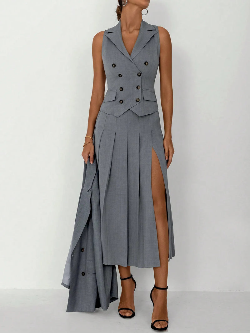 3pcs Fitted Vest Pleated Midi Skirt Elegant Work Business Suit Set-Wear To Work Sets-Arimonz-Arimonz