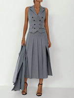 3pcs Fitted Vest Pleated Midi Skirt Elegant Work Business Suit Set-Wear To Work Sets-Arimonz-Arimonz