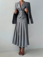 3pcs Fitted Vest Pleated Midi Skirt Elegant Work Business Suit Set-Wear To Work Sets-Arimonz-Arimonz