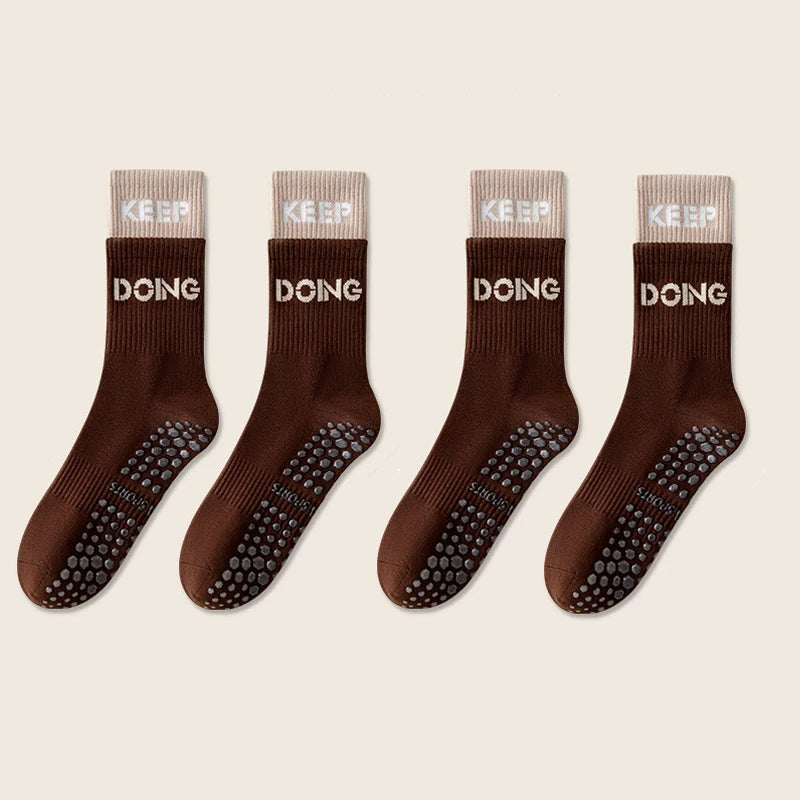 4 Pairs Non Slip with Grips Sticky Gripper Cotton Yoga Unisex Socks-Socks & Tights-Arimonz-Coffee-Arimonz