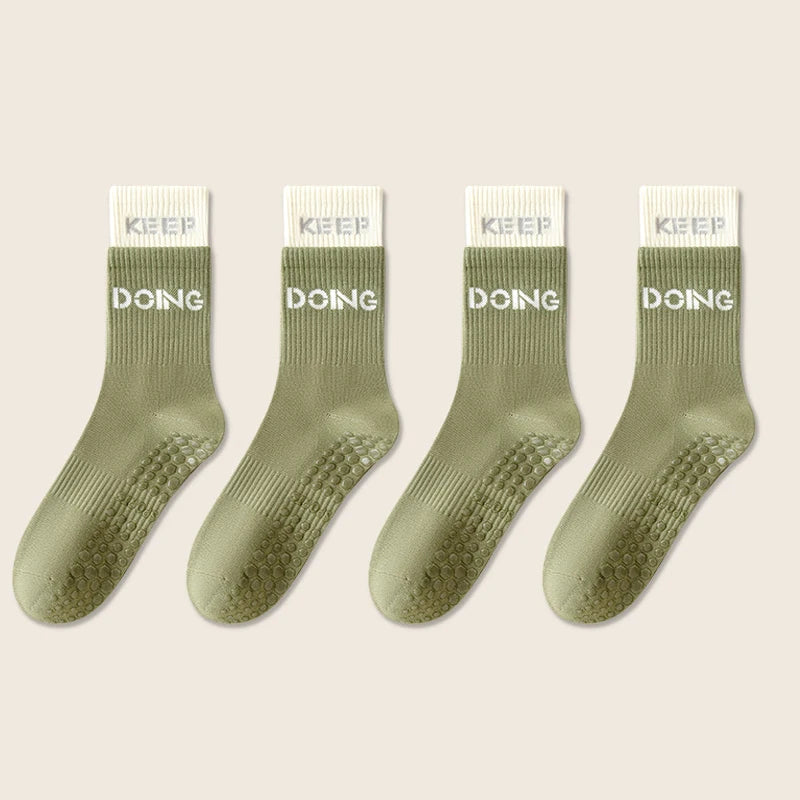4 Pairs Non Slip with Grips Sticky Gripper Cotton Yoga Unisex Socks-Socks & Tights-Arimonz-Green-Arimonz