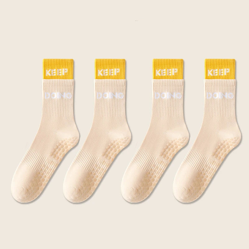 4 Pairs Non Slip with Grips Sticky Gripper Cotton Yoga Unisex Socks-Socks & Tights-Arimonz-Khaki-Arimonz