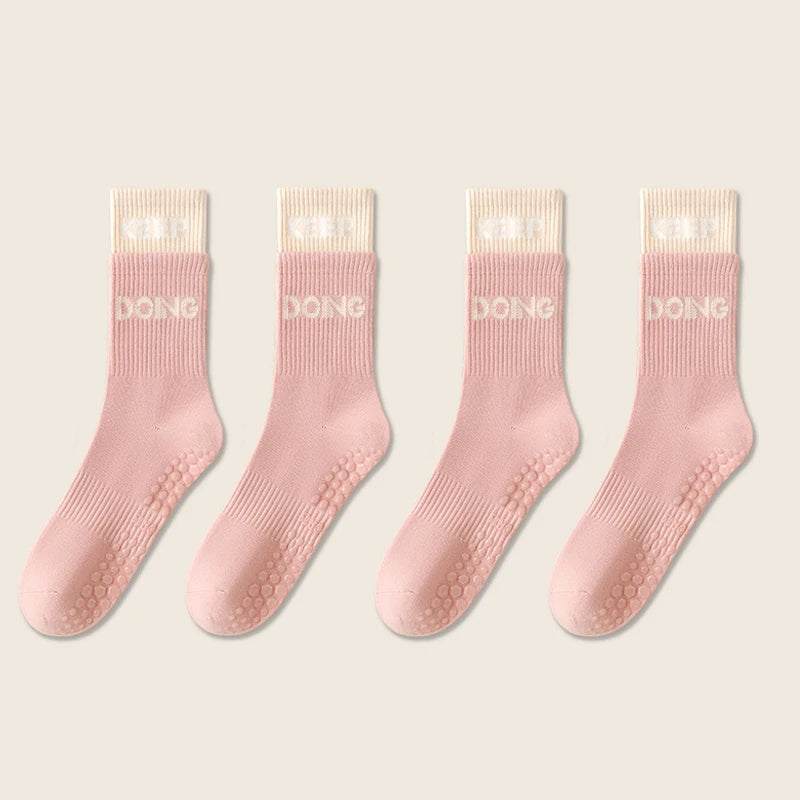 4 Pairs Non Slip with Grips Sticky Gripper Cotton Yoga Unisex Socks-Socks & Tights-Arimonz-Pink-Arimonz