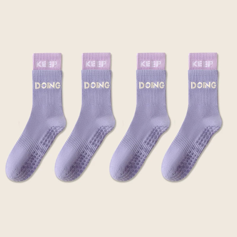 4 Pairs Non Slip with Grips Sticky Gripper Cotton Yoga Unisex Socks-Socks & Tights-Arimonz-Purple-Arimonz