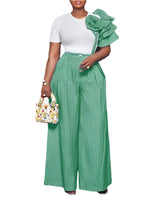 Stripe Print Flower Ruffle Sleeve Shirt Top and Wide Leg Pants 2pc Set