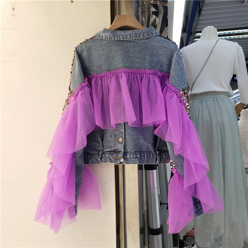 Blue Short Denim Coat Sequin Tie-dye Net Yarn Splicing Jean Jacket