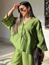 Casual Green Bow Lace Up Shirt Pant Set V-neck Long Sleeve Blouse Set