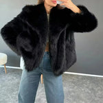 Women Casual Faux Fur Jackets Turn Down Collar Elegant Thick Coat