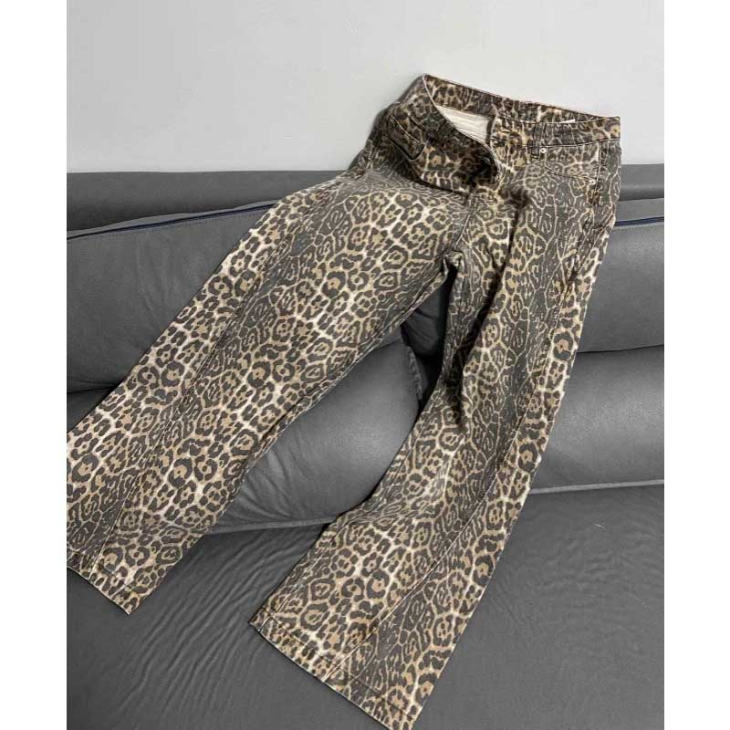 American Retro Leopard High Waist Baggy Jeans Women Casual Pants