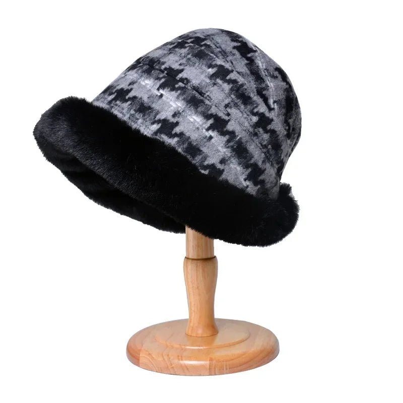 Houndstooth Winter Fur Women Bucket Hat Warm Windproof Cap