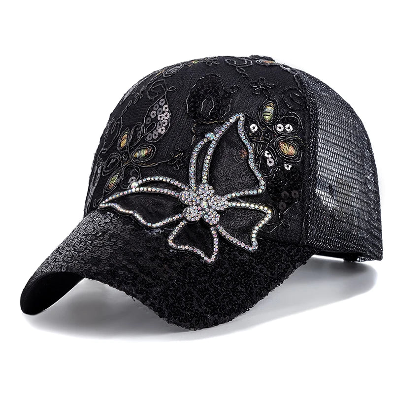 Sequins Flower Butterfly Adjustable Streetwear Summer Mesh Trucker Hat