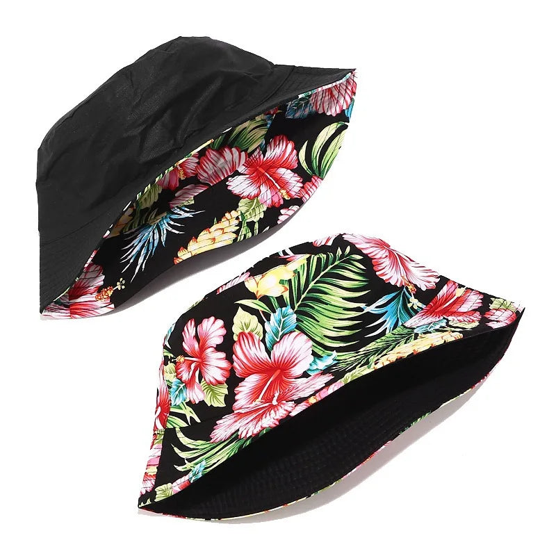 Reversible Flower Print Bucket Hat Travel Outdoor Panama Bucket Cap