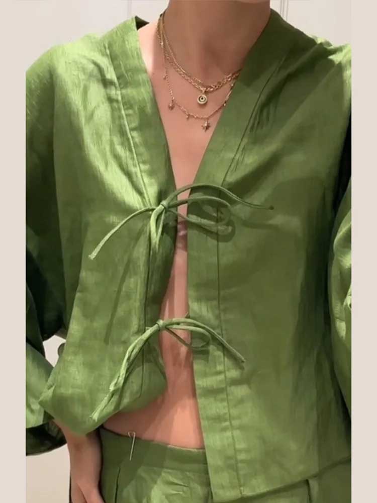 Casual Green Bow Lace Up Shirt Pant Set V-neck Long Sleeve Blouse Set