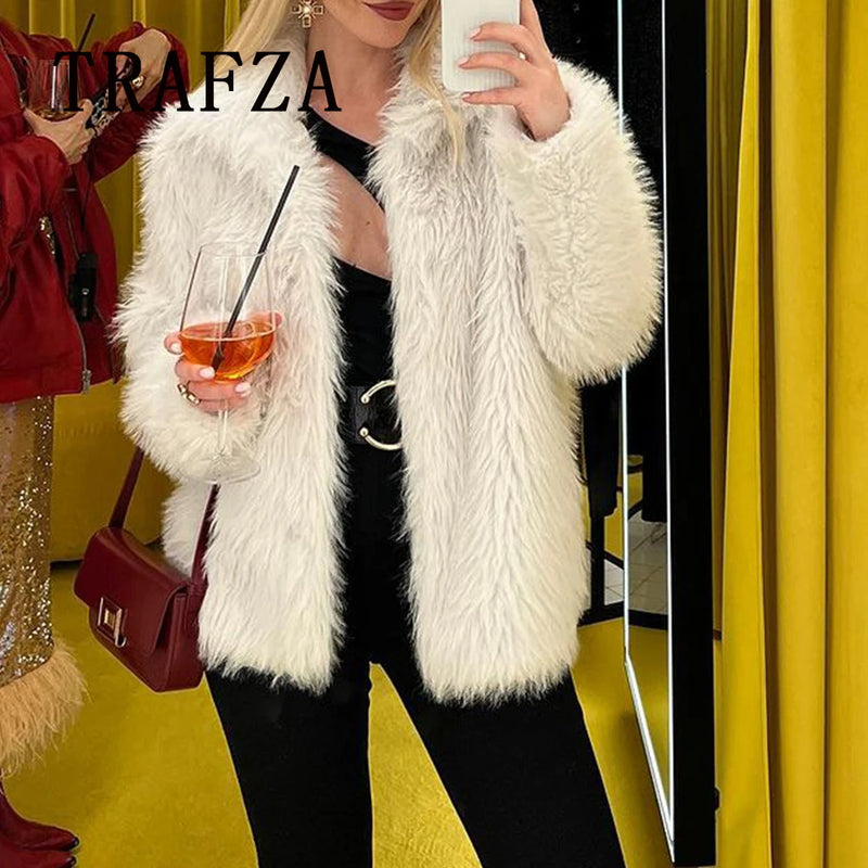 Women Casual Faux Fur Jackets Turn Down Collar Elegant Thick Coat