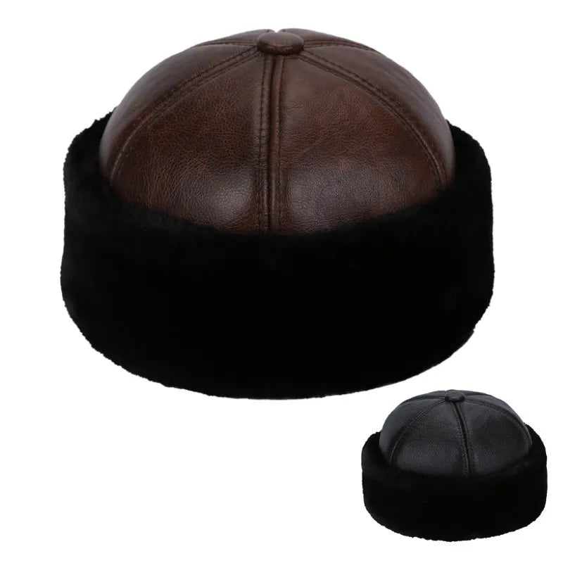 Real Leather Retro Warm Winter Cap with Thick Velvet Lining Bomber Hat