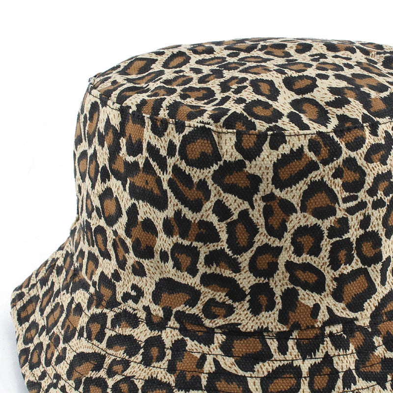 Reversible Leopard Print Bucket Hat Cotton Panama Outdoor Sun Cap