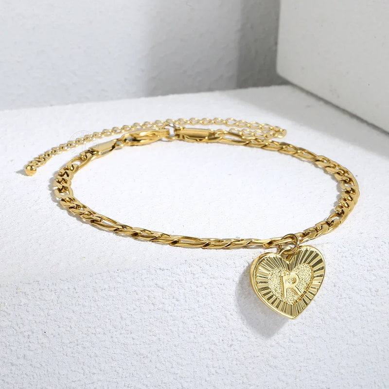 5MM Stainless Steel Heart Shaped Initial Letter Figaro Charm Anklet-Anklets-Arimonz-Arimonz