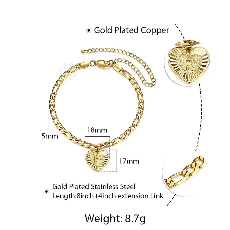 5MM Stainless Steel Heart Shaped Initial Letter Figaro Charm Anklet-Anklets-Arimonz-Arimonz