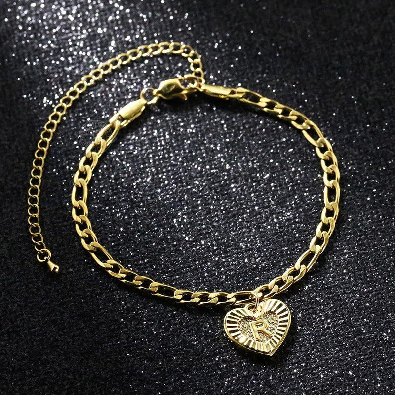 5MM Stainless Steel Heart Shaped Initial Letter Figaro Charm Anklet-Anklets-Arimonz-Arimonz