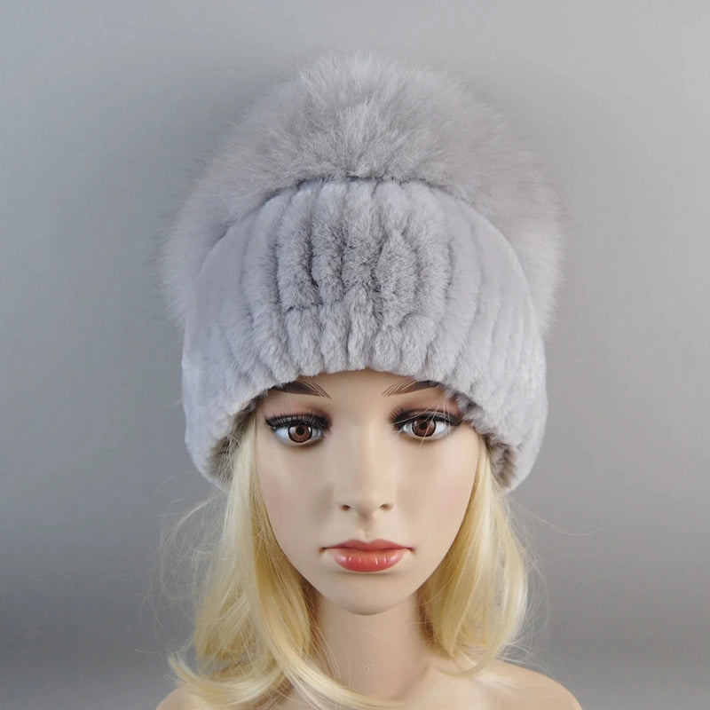 Winter Warm Real Fur Genuine Hat Bomber Beanies Cap for Women