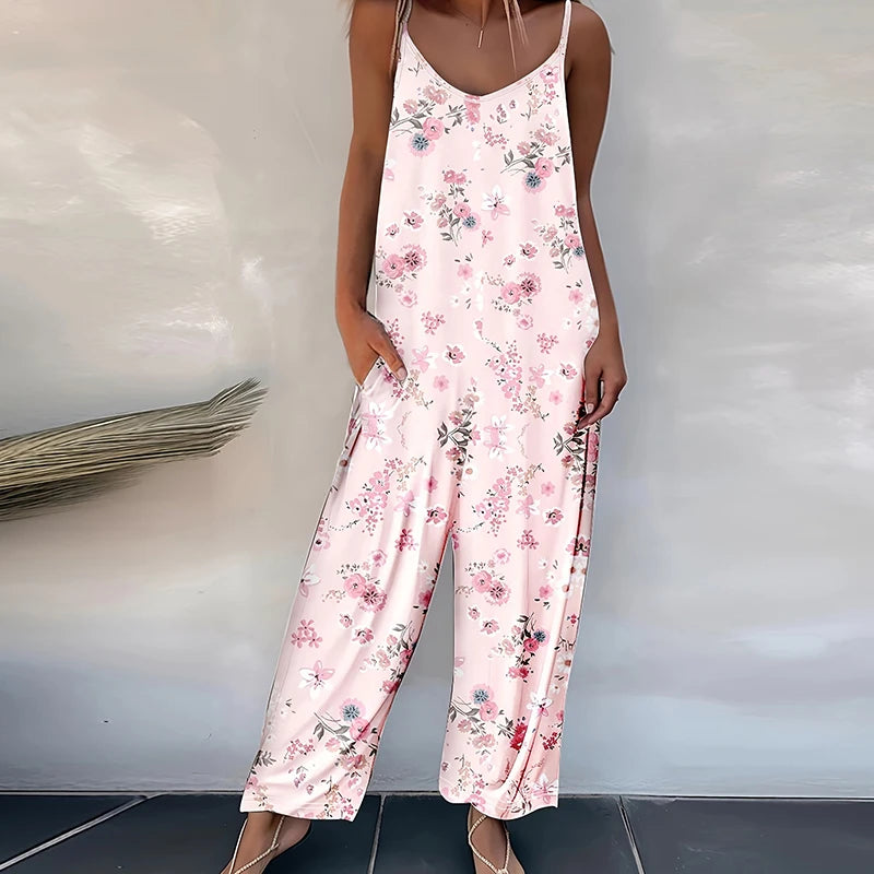 V-neck Pocket Beach Jumpsuit Romper Casual Printed Patchwork Romper