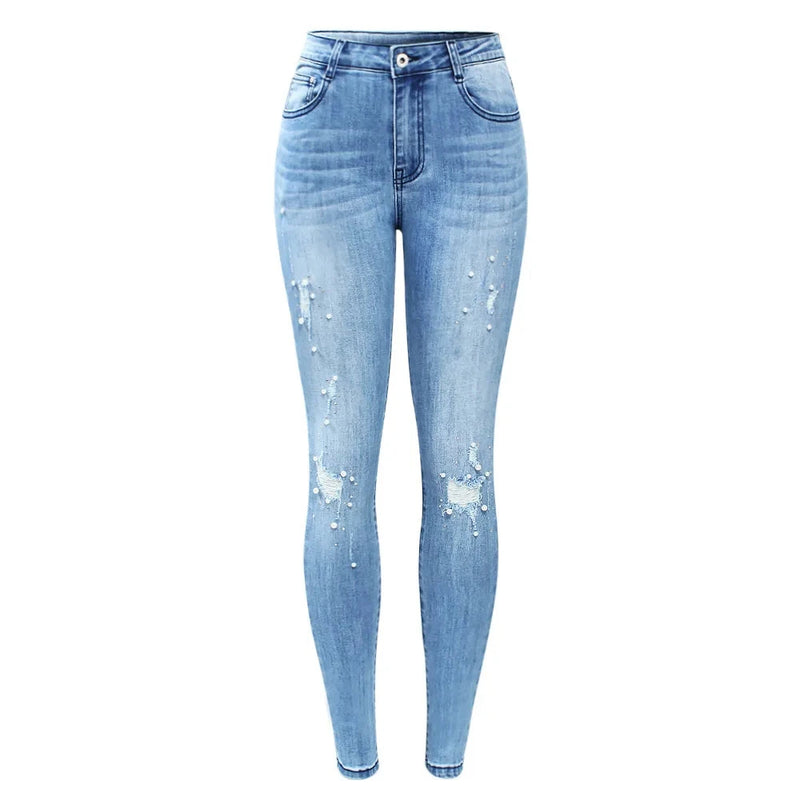 Ripped Jeans With Beads Woman Stretchy Denim Skinny Pants Trousers