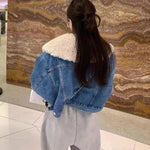 Women Causal Warm Denim Fleece Jacket Large Faux Fur Collar Coat