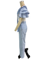 Stripe Print Flower Ruffle Sleeve Shirt Top and Wide Leg Pants 2pc Set
