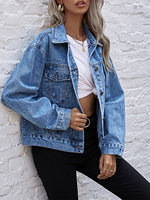 Turn-down Collar Loose Denim Jacket Single Breasted Casual Jean Jacket