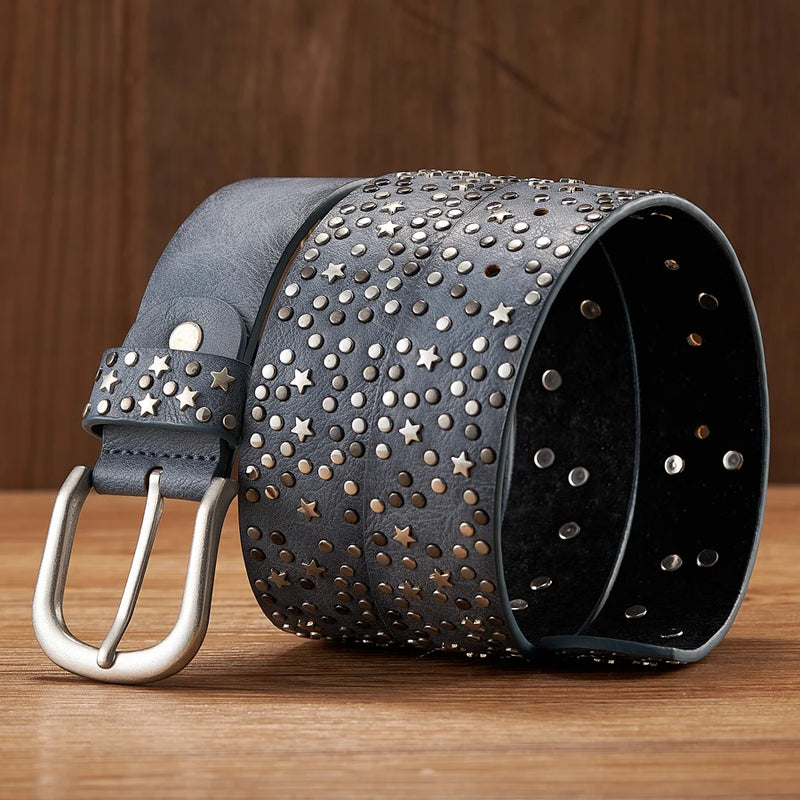 Punk Rock Rivet Belt Wide Leather Belt with Metal Buckle Star Beads