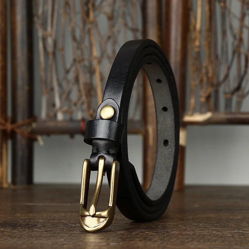 Thin Genuine Leather Belt Cowskin Waistband with Copper Pin Buckle