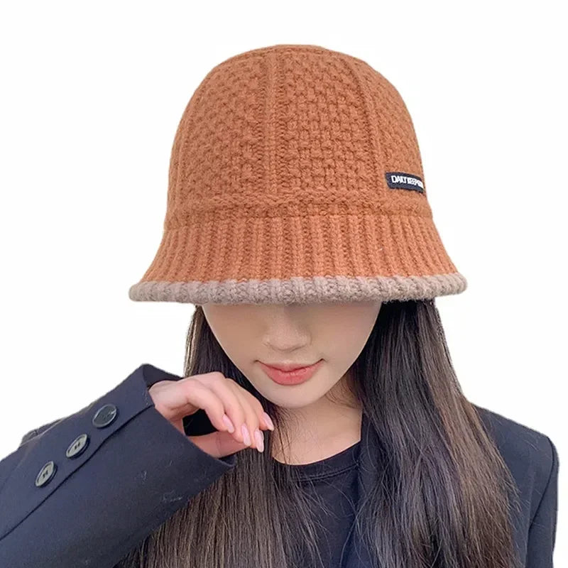 Winter Knitted Bucket Hat Warm Beanie for Women in Retro Style