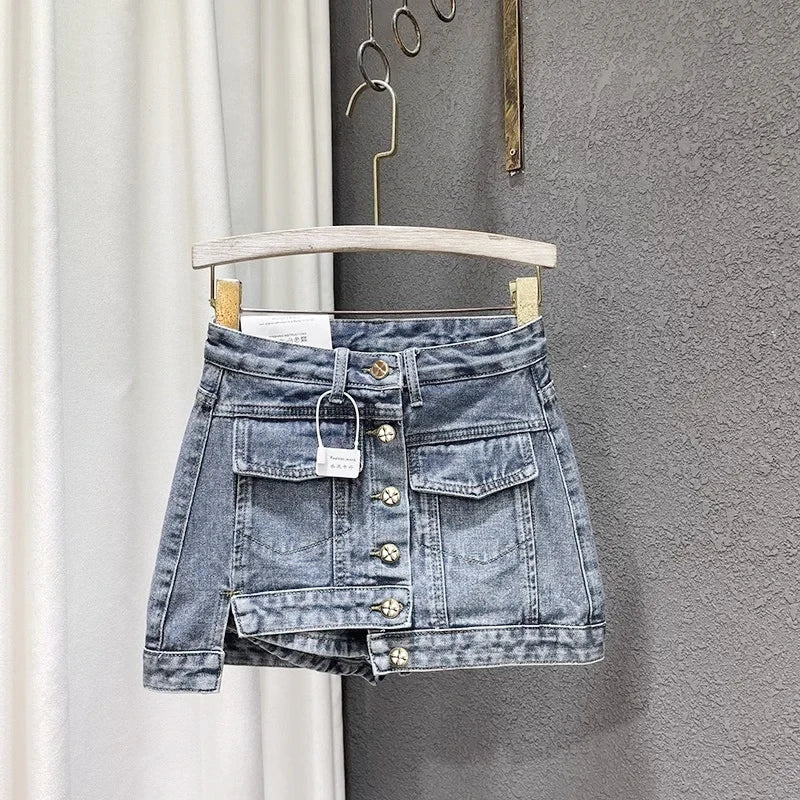 Single-breasted Mini Denim Skirt Women A-line Asymmetrical Skirts