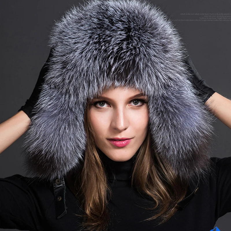 Women Natural Fur Caps Ushanka Hats for Winter Thick Warm Ears