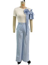 Stripe Print Flower Ruffle Sleeve Shirt Top and Wide Leg Pants 2pc Set