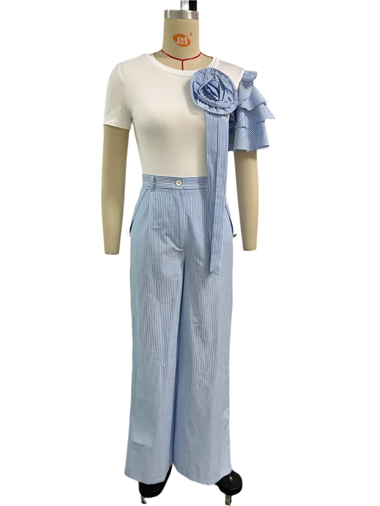 Stripe Print Flower Ruffle Sleeve Shirt Top and Wide Leg Pants 2pc Set