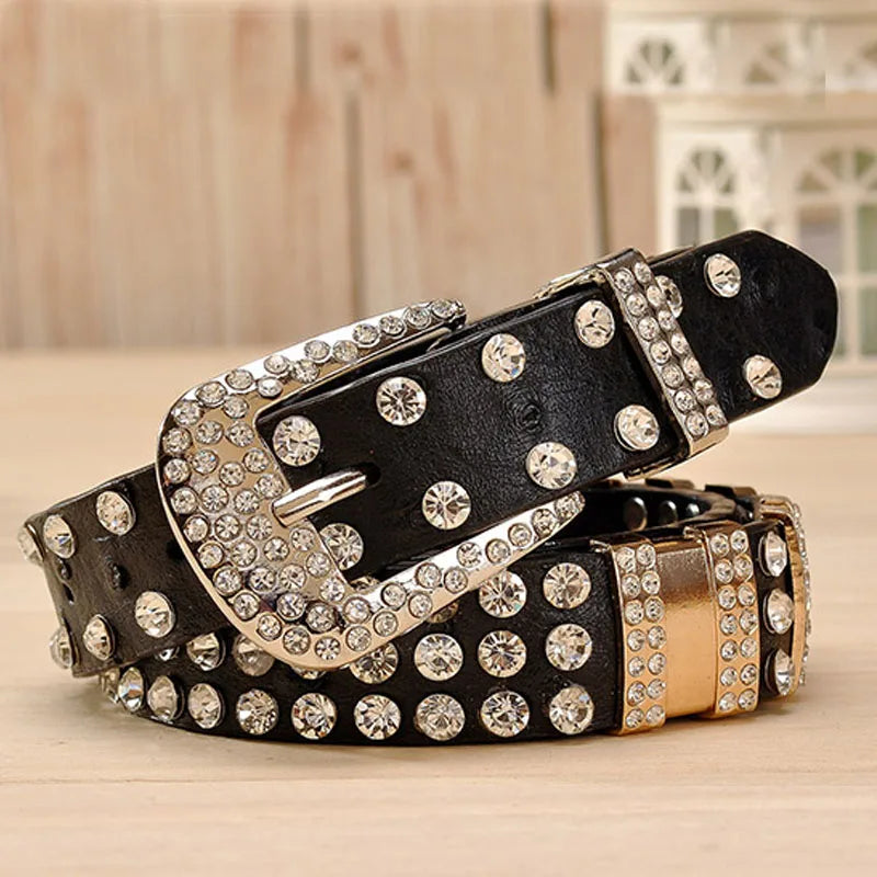 New Fashion Rhinestone Belt Luxury Designer Leather Cowskin Women Belt