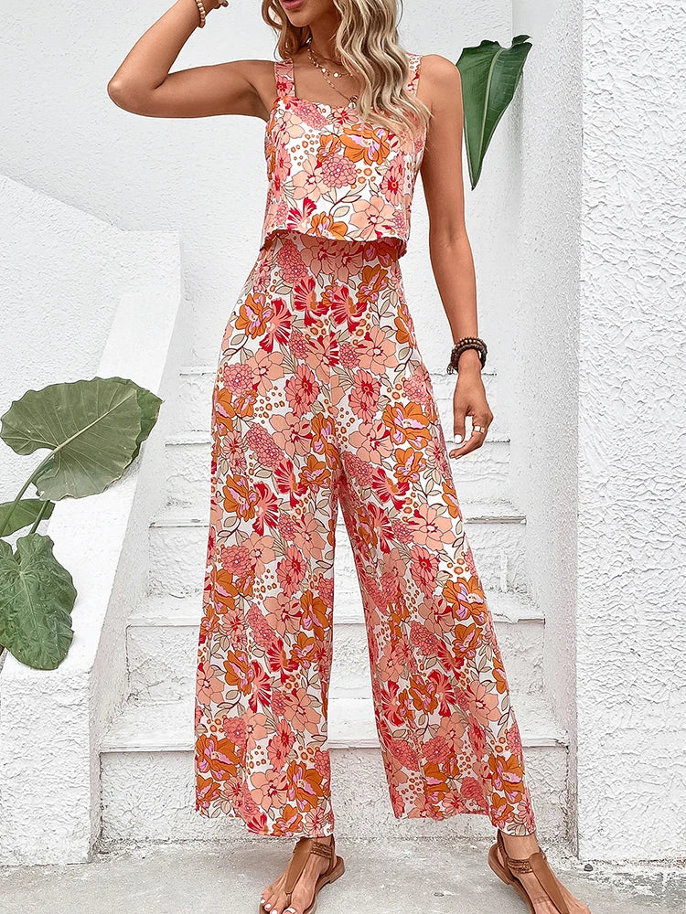 Elegant Long Jumpsuit Women Backless Wide Leg Jumpsuit Floral Romper