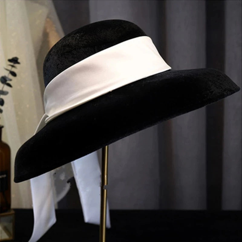 Vintage Black Velvet with White Ribbon Hat Hepburn Style Top Hat