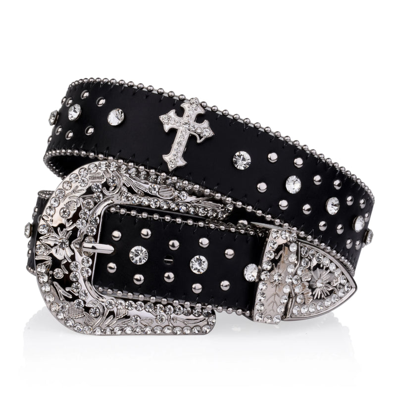 Black Cross Rivet Belt Engraved Buckle Rhinestone Décor Belt