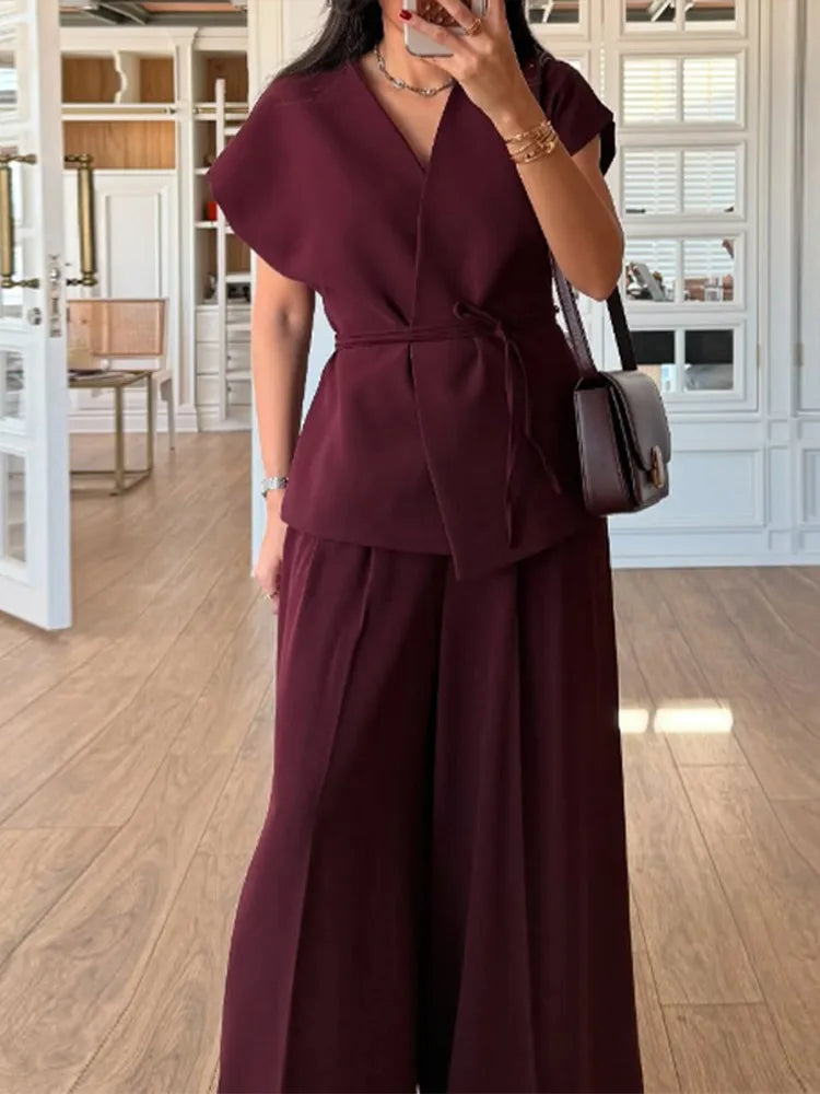 Loose Lace Up V-neck Short Sleeve Shirt Pleated Wide Leg Pants Set