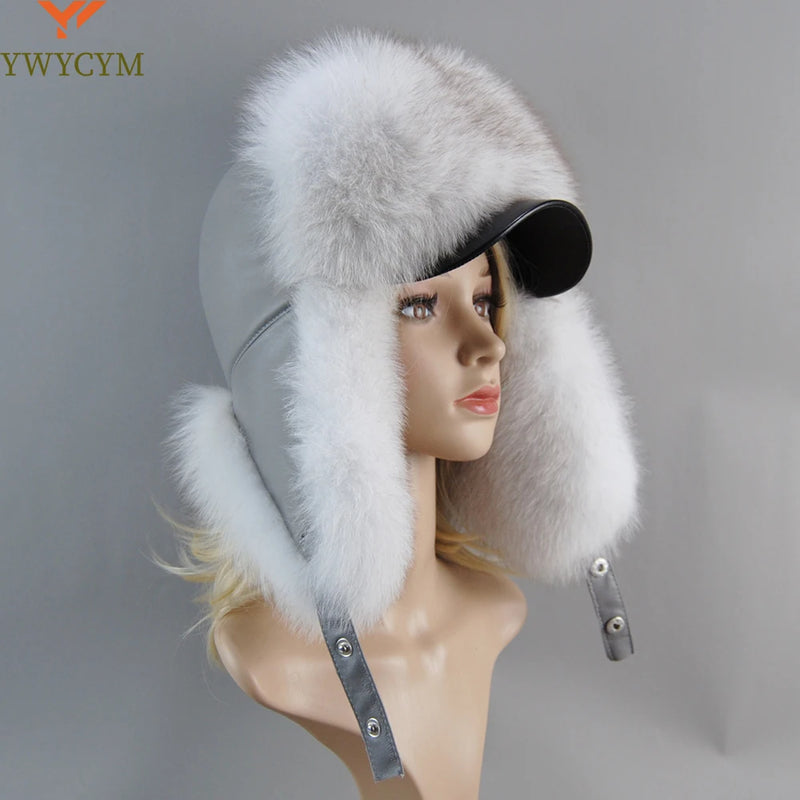 Real Leather Fox Fur Women Hat Snow Skiing Earflap Winter Outdoor Cap