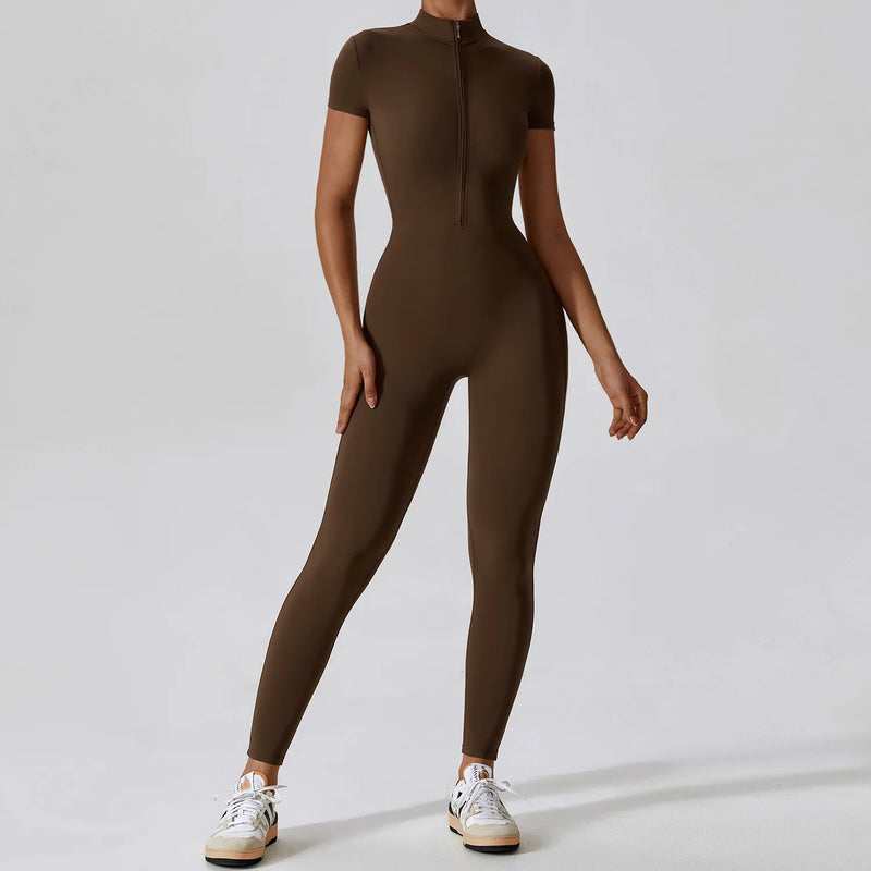 Yoga Set Women's Jumpsuits One-Piece Suit Zipper Short Sleeve Bodysuit