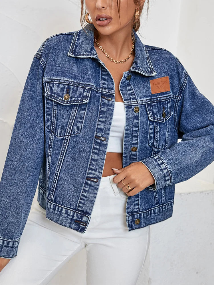 Turn-down Collar Loose Denim Jacket Single Breasted Casual Jean Jacket