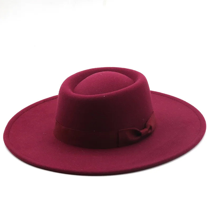 Vintage Wide Brim Wool Boater Felt Hat Flat Top Fedora with Bowknot