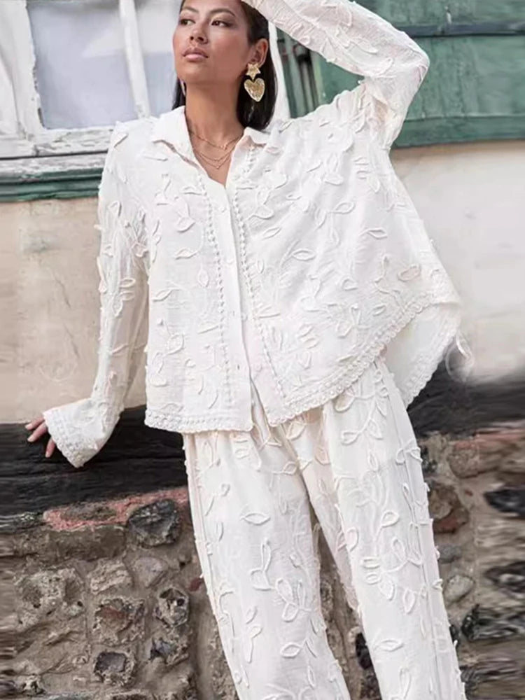 Embroidery Long Sleeve Single Breasted Shirts Wide Leg Pant Set